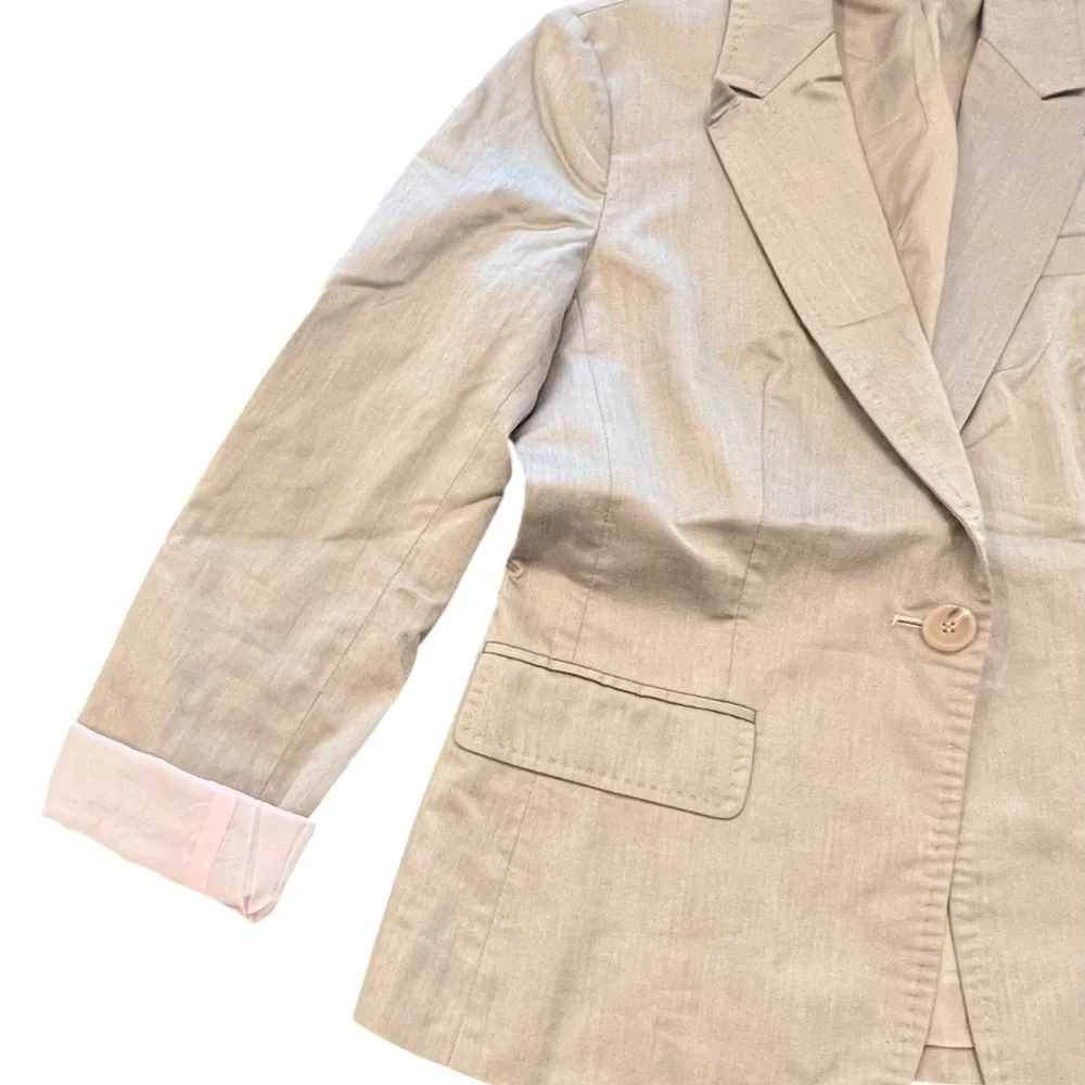 J Crew Schoolboy Tan Blazer‎ Womens Cotton 1-Button 8 Pink Lining Fitted Preppy